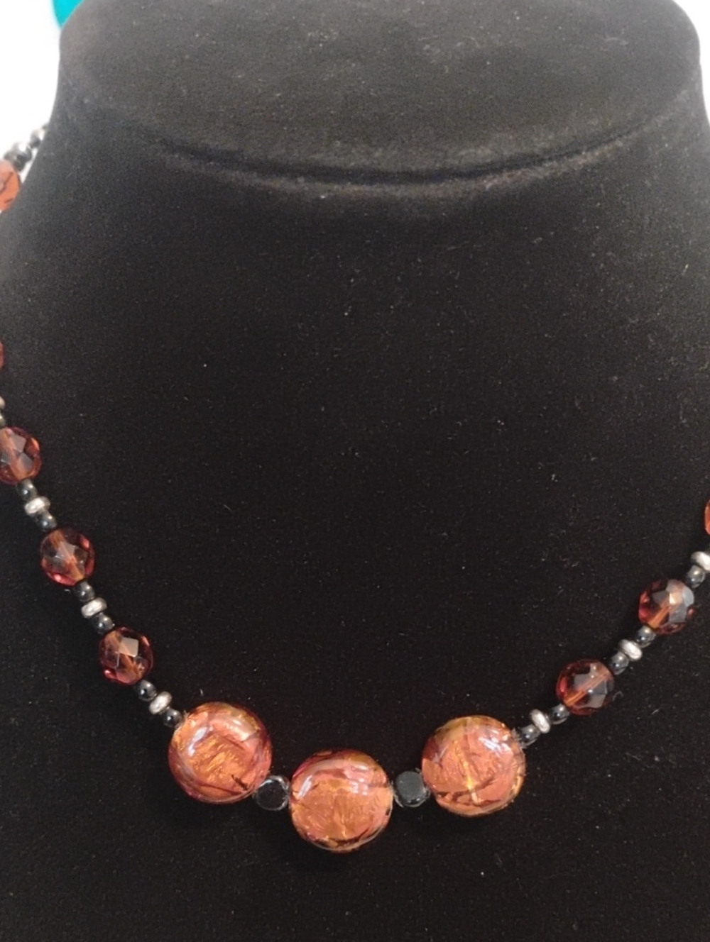 Copper-Venetian Glass Bead Necklace with Metallic Accents
